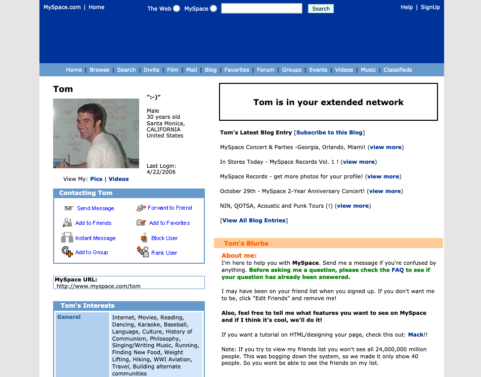 tom anderson&rsquo;s myspace profile